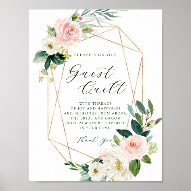 Blush White Bloom Gold Geometric frame Guest Quilt Poster (Front)