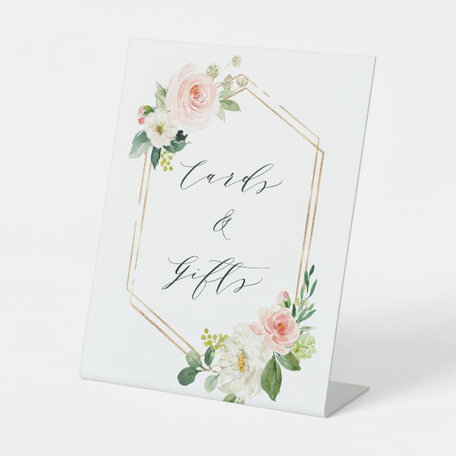 Blush White Bloom Gold Hexagon Frame Cards & Gifts Pedestal Sign (Front)