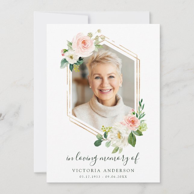 Blush White Bloom Gold Hexagon Funeral Thank You Card (Front)