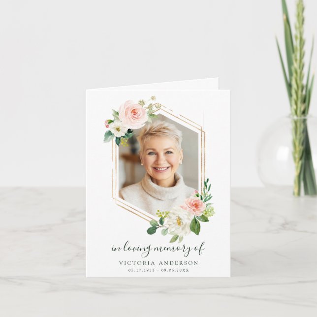 Blush White Bloom Gold Hexagon Funeral Thank You Card (Front)