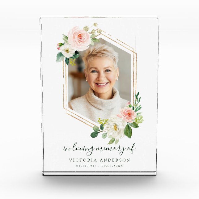 Blush White Bloom Gold Hexagon Memorial Photo Block (Front)