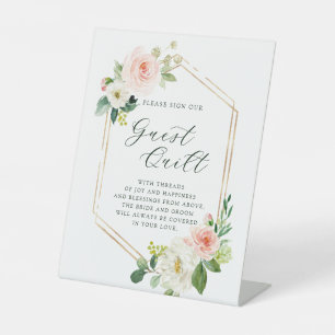 Blush White Bloom Gold Hexagon Wedding Guest Quilt Pedestal Sign