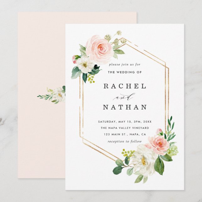 Blush White Bloom Gold Hexagon Wedding Invitation (Front/Back)
