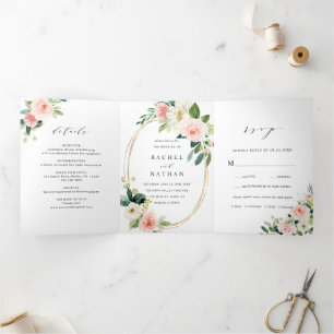 Blush White Bloom Gold Oval Frame Wedding Tri-Fold Invitation