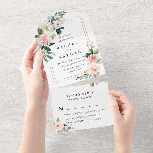 Blush White Bloom Gold Rectangle Frame Wedding All In One Invitation (Tearaway)