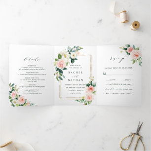 Blush White Bloom Gold Rectangle Frame Wedding Tri-Fold Invitation