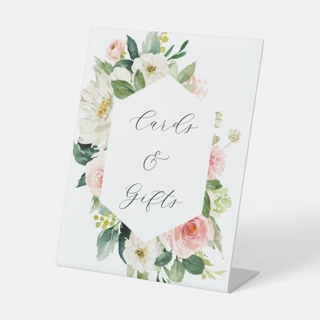 Blush White Bloom Hexagon Wedding Cards & Gifts Pedestal Sign (Front)