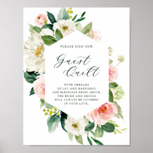 Blush White Bloom Hexagon Wedding Guest Quilt Sign