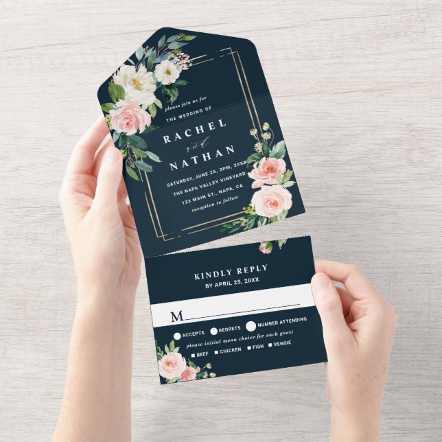Blush White Bloom Navy Blue Gold Frame Wedding  All In One Invitation (Tearaway)