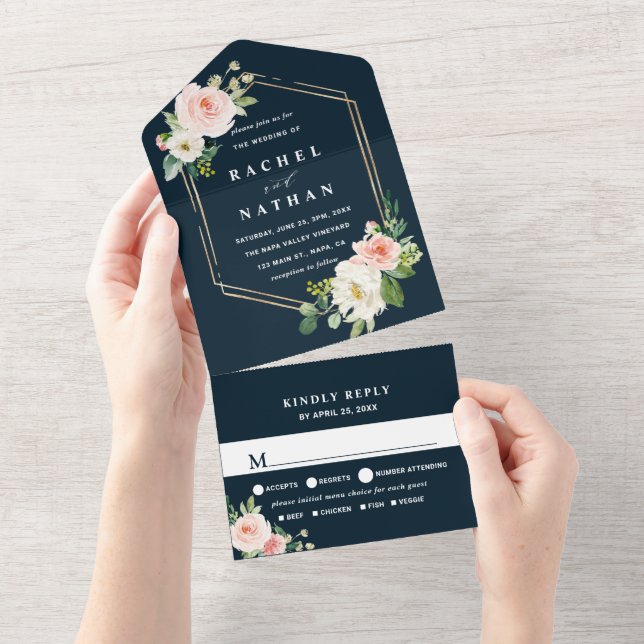 Blush White Bloom Navy Blue Gold Hexagon Wedding All In One Invitation (Tearaway)