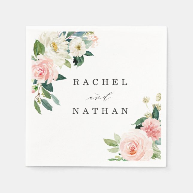 Blush White Bloom Watercolor Floral Wedding Napkin (Front)