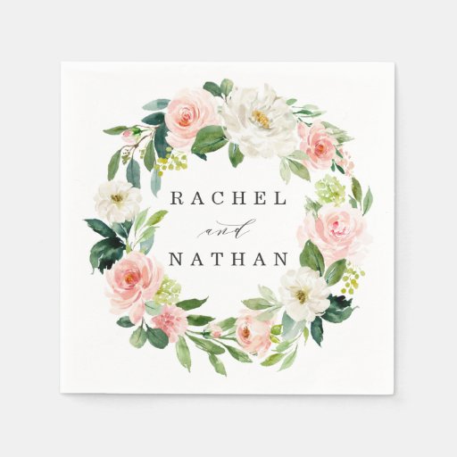 Image of Blush White Bloom Watercolor Floral Wreath Wedding Disposable Napkin