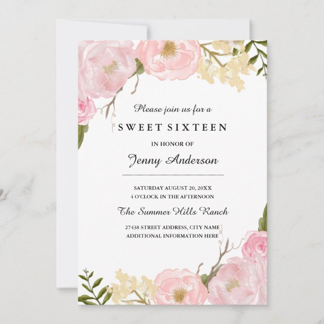 Blush White Botanical Floral Sweet Sixteen Invite (Front)