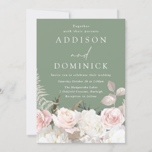 Blush White Botanical Roses Sage Green Wedding Invitation