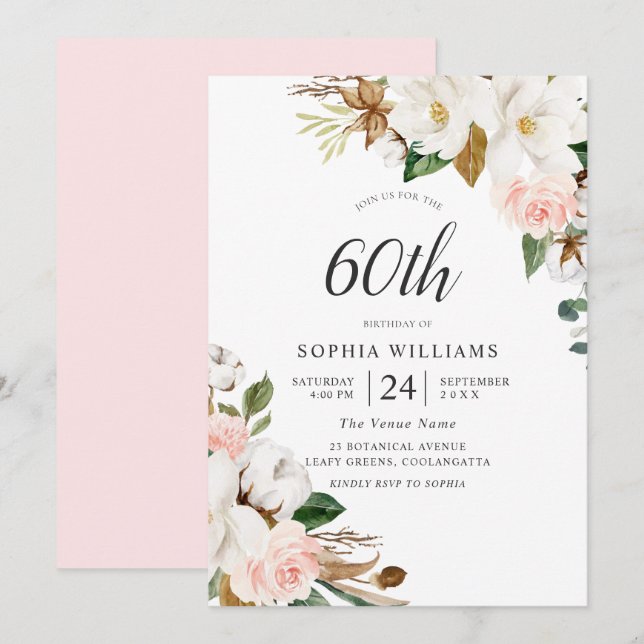 Blush & White Elegant Flowers 60th Birthday Party Invitation (Front/Back)