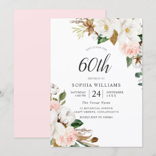 Blush & White Elegant Flowers 60th Birthday Party Invitation