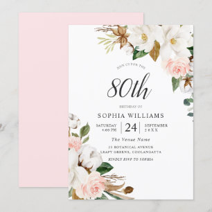 Blush White Elegant Flowers 80th Birthday Party Invitation