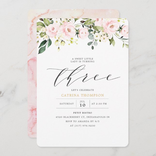 Blush White Floral & Eucalyptus Girl 3rd Birthday Invitation (Front/Back)
