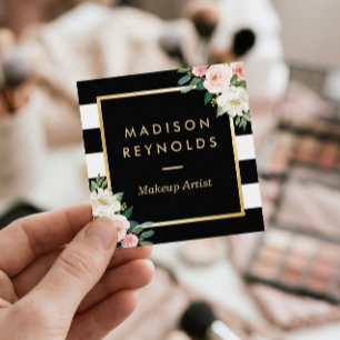 Blush White Floral Gold Frame Black White Stripes Square Business Card