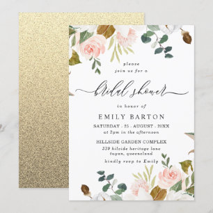 Blush & White Floral Gold Glitter Bridal Shower Invitation