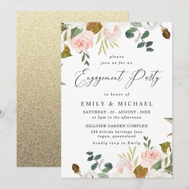 Blush & White Floral Gold Glitter Engagement Party Invitation (Front/Back)