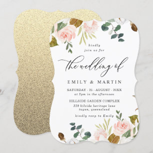 Blush & White Floral Gold Glitter Wedding Invitation