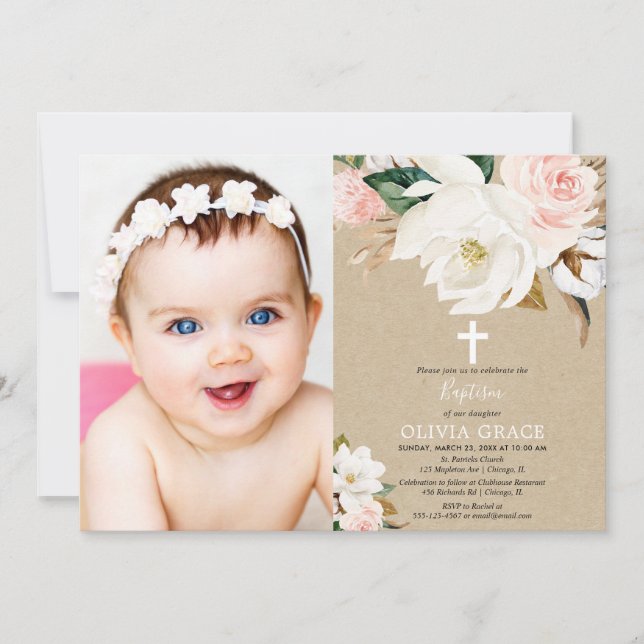 Blush white floral rustic kraft girl baptism photo invitation (Front)