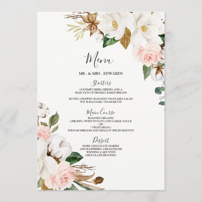 Blush White Floral Wedding or Rehearsal Dinner Menu (Front)