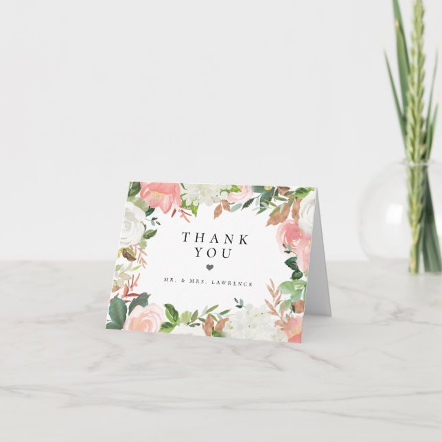 Blush White Floral Wedding Photo Thank You Card (Front)