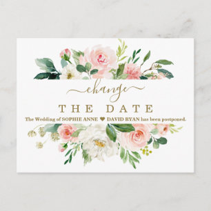 Blush White Floral Wedding Postponed New Plan Postcard