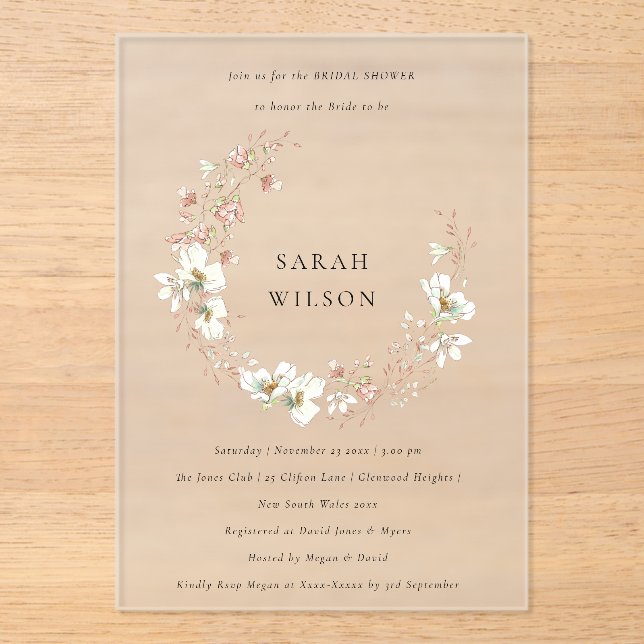 Blush White Floral Wreath Bridal Shower Invite Acrylic Invitations (Front)