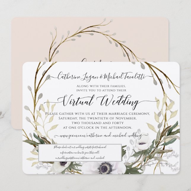 Blush White Floral Wreath Rustic Virtual Wedding Invitation (Front/Back)