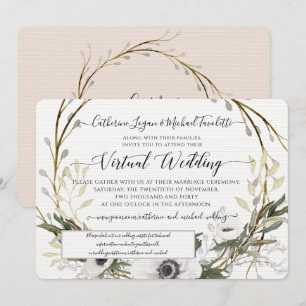 Blush White Floral Wreath Rustic Virtual Wedding Invitation