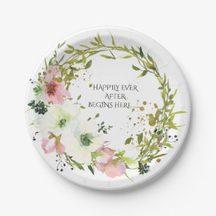 Blush & white floral wreath with quote wedding paper plate
