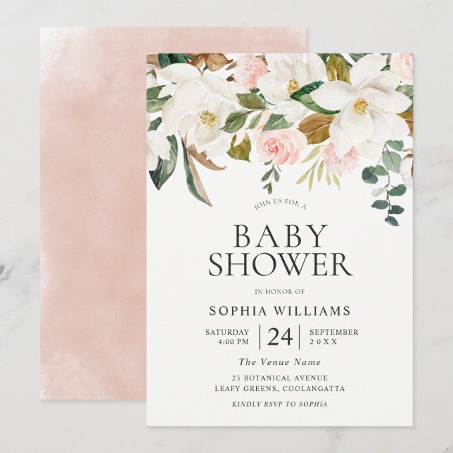 Blush & White Florals Beautiful Baby Shower Invitation (Front/Back)