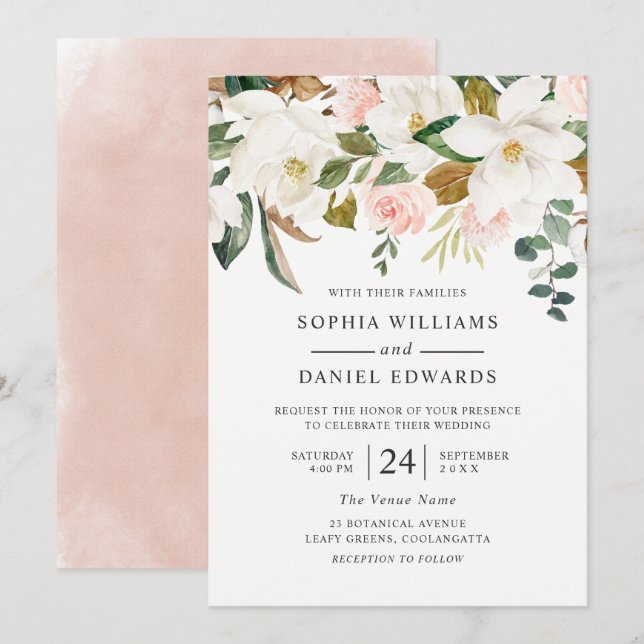Blush & White Florals Elegant Modern Wedding Invitation (Front/Back)