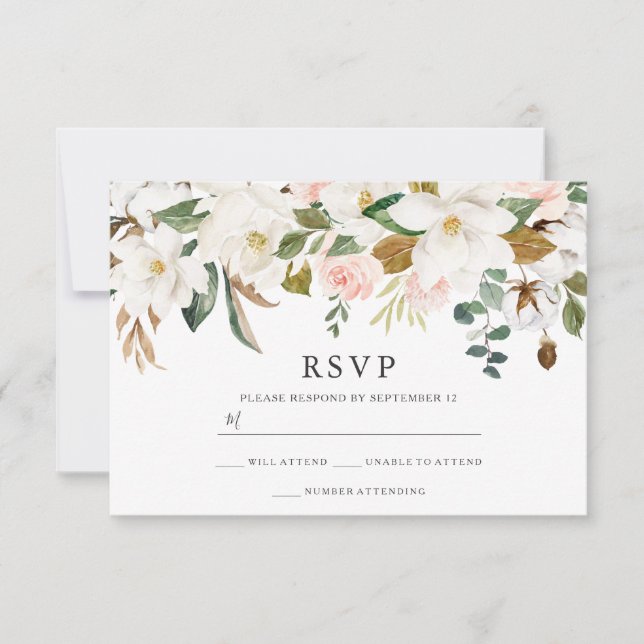 Blush & White Florals Elegant Modern Wedding RSVP Card (Front)