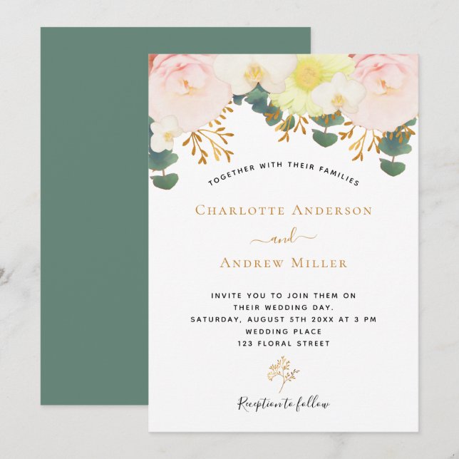 Blush white florals gold greenery wedding invitation (Front/Back)