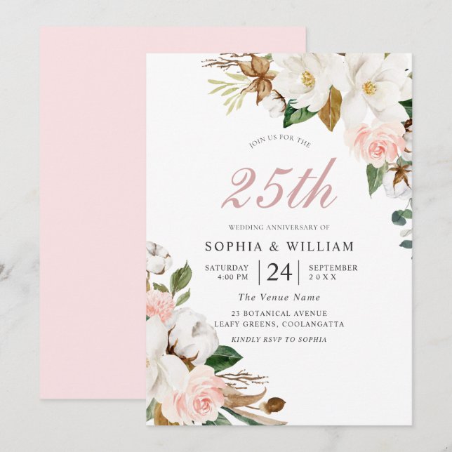 Blush & White Flowers 25th Wedding Anniversary Invitation (Front/Back)