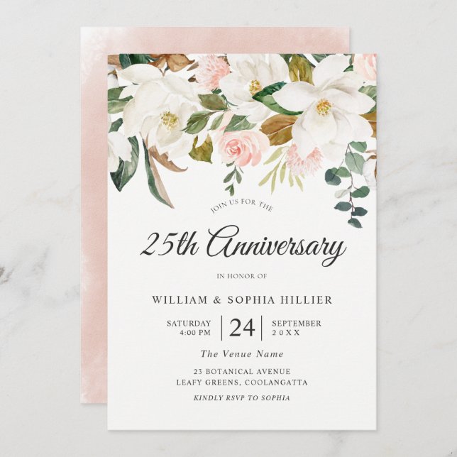 Blush & White Flowers 25th Wedding Anniversary Invitation (Front/Back)