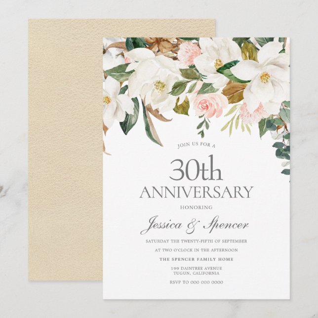 Blush & White Flowers 30th Wedding Anniversary Invitation (Front/Back)