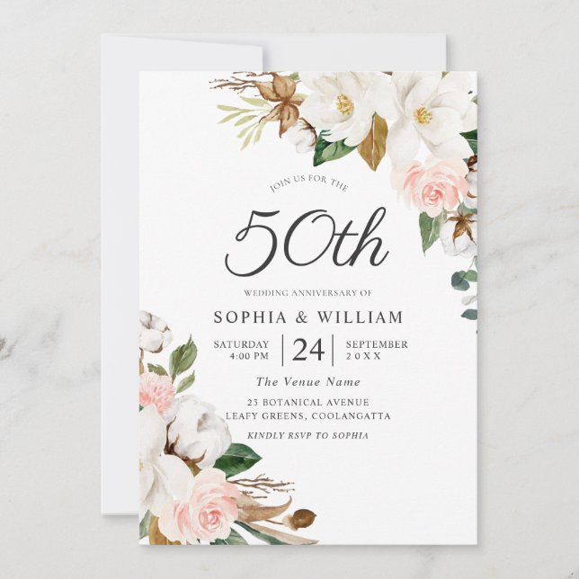 Blush & White Flowers 50th Wedding Anniversary Invitation (Front)