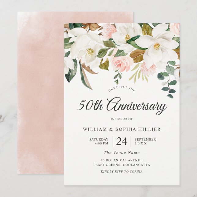 Blush & White Flowers 50th Wedding Anniversary Invitation (Front/Back)