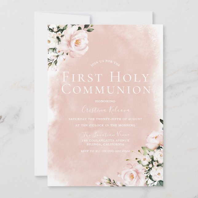 Blush White Flowers First Holy Communion Invitation (Front)