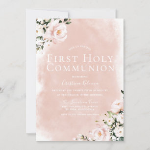Blush White Flowers First Holy Communion Invitation