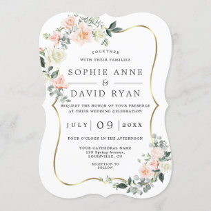 Blush White Flowers Gold All In One Wedding Invitation