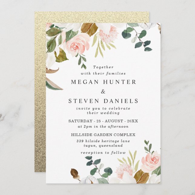 Blush & White Flowers Gold Backing Modern Wedding Invitation (Front/Back)