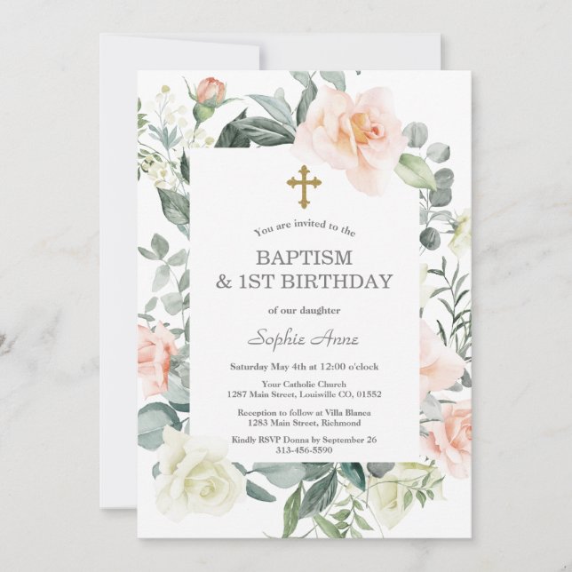 Blush White Flowers Gold Girl 1st Birthday Baptism Invitation (Front)