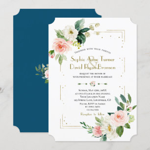 Blush White Flowers Gold Glitter Wedding Invitation