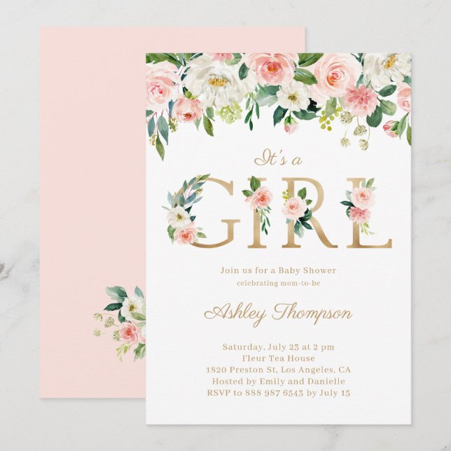 Blush & White Flowers Gold It's a Girl Baby Shower Invitation (Front/Back)